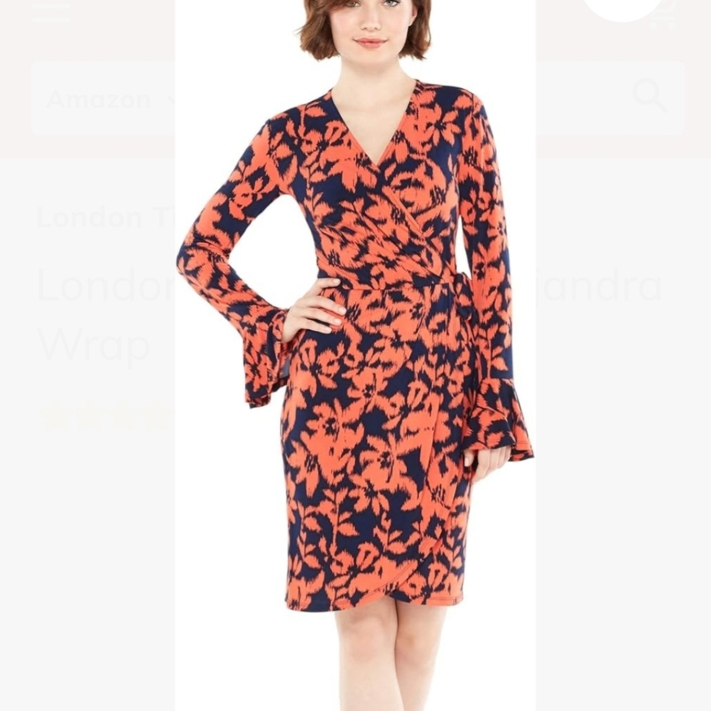 London Style Orange and Navy Floral Wrap Dress - Long Sleeve